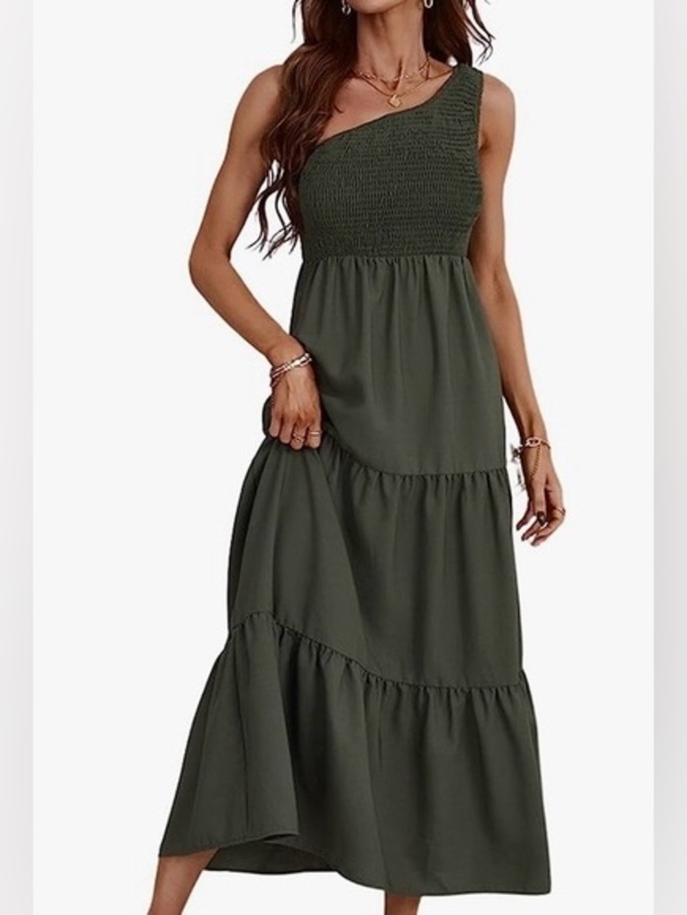 Cupshe One-Shoulder Olive Green Tiered Maxi Dress Size Large